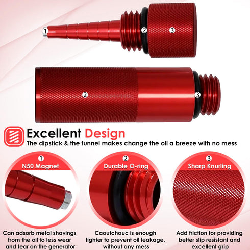 Extended Run Gas Cap with Brass Hose Fitting, Mess Free Oil Change Funnel, Magnetic Oil Dipstick Upgrade Red Aluminum for Honda EU3000i EU2000i EU...