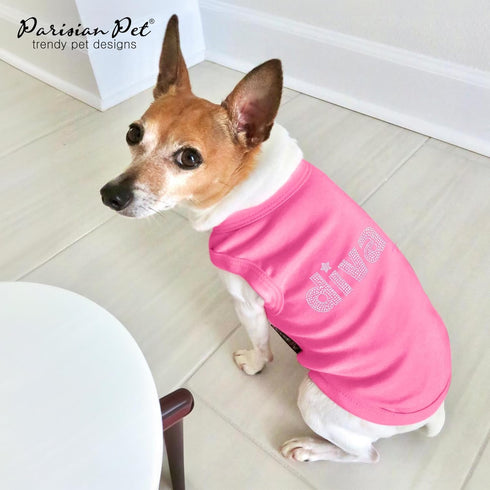 Parisian Pet Dog T-Shirt with Embroidered ' Diva ' - Breathable Pink Dog Clothes - Sleeveless Pet Vest - Machine Washable Pink Dog Shirt for Large...