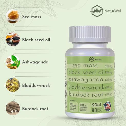 Black Seed Oil 3000mg Sea Moss 3000mg Ashwagandha 1000mg Turmeric 1000mg Burdock 1000mg Bladderwrack 1000mg & Elderberry Manuka Chlorophyll Dandel...
