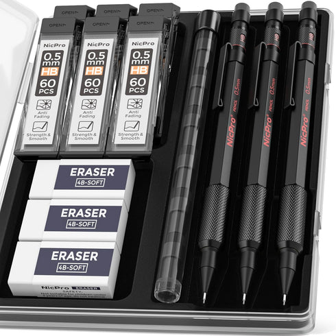 Nicpro 0.5 mm Mechanical Pencil Set with Case, 3PCS MP2000 Metal Artist Mechanical Pencil With 6 Tube HB Lead Refills, Eraser, Weatherproof Barrel...