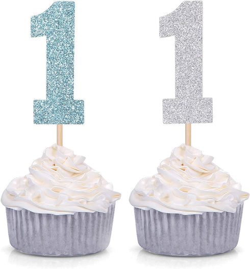 Pack of 24 Blue and Silver Glitter One Cupcake Toppers for Baby Boy First Birthday Party Picks Decorations...