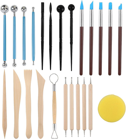 RUBFAC Polymer Clay Tools, Clay Tools Kit, 24pcs Clay Sculpting Tools Set with Stylus and Rock Painting Kit - Air Dry Clay Modeling for Pottery an...