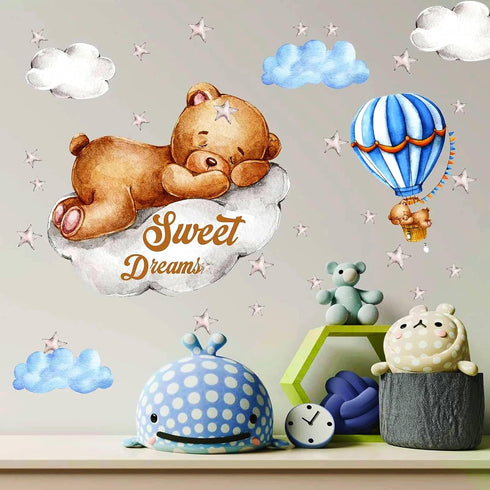 Tedy Bear Moon & Stars Wall Decor - Sleeping Bear Wall Stickers, Baby & Nursery Room Decor...