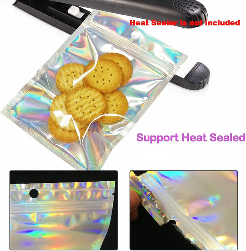 100 Pcs Holographic Resealable Packaging Bags for Small Business Supplies, Cute Small Color Smell Proof Foil Pouch Plastic Baggies for Lip Gloss S...
