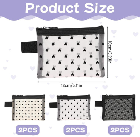 Small Mesh Zipper Pouches, 6 Pack Heart Print Mesh Makeup Bags, Mesh Cosmetic Bags Storage Pouch for Women, Makeup Lipstick Cosmetic Accessories O...