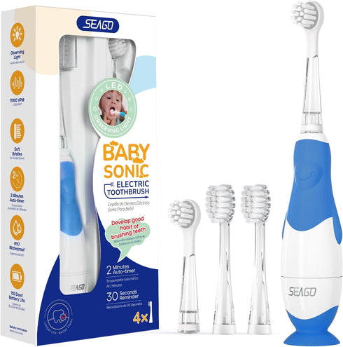 SEAGO Toddler Electric Toothbrushes for Baby Ages 0-3 Years, Baby Toothbrush with Smart Timer and Suction Base, 4 Replacement Brushheads (Navy-C)...