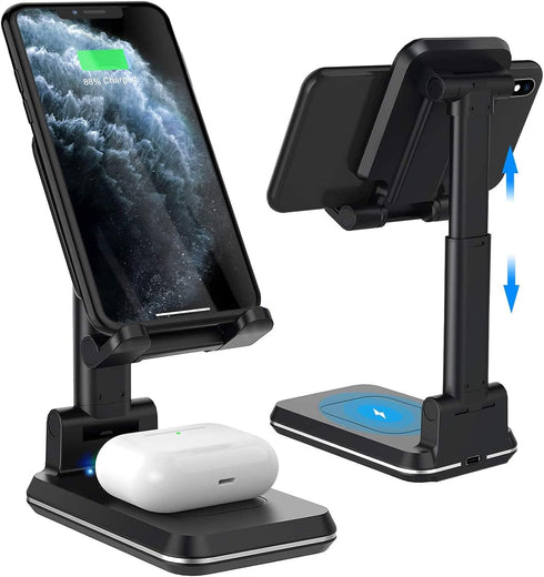 2 in 1 Wireless Charger, Dual Wireless Charging Desk Phone Stand,10W Qi Fast-Charging Foldable Tablet Stand for iPhone 12/11/MAX/XS/XR/X/8,AirPods...