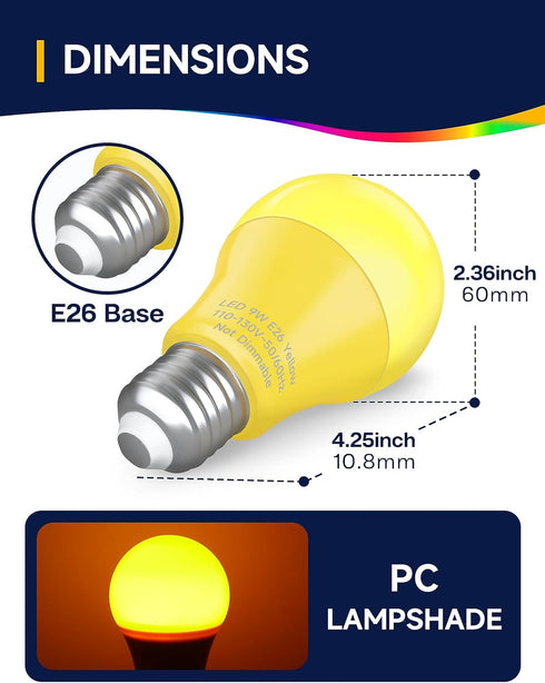 Yellow LED Bug Light Bulbs, A19 Outdoor Yellow Bug Light Bulb, 9W Equivalent 60W, Yellow Bug Light Bulbs for Outside, E26 Base for Porch, Holiday ...