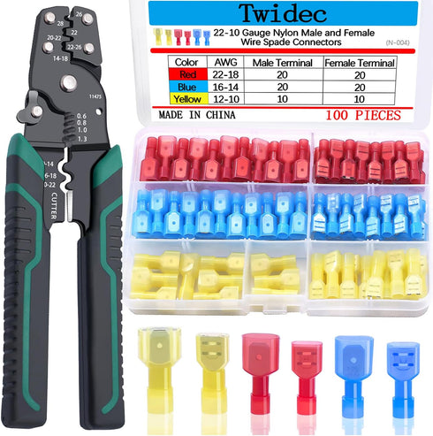 Twidec/100PCS Nylon Spade Connectors Kit 22-10 Gauge Quick Disconnect Fully Insulated Male and Female Wire Spade Terminal Assortment Kit And Wire ...