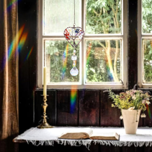 Crystal Sun Catcher for Window, Tree of Life Sun Catchers Decor with Prisms Hanging Suncatcher with Crystal Heart Shaped Hanging Ornament Chakra S...