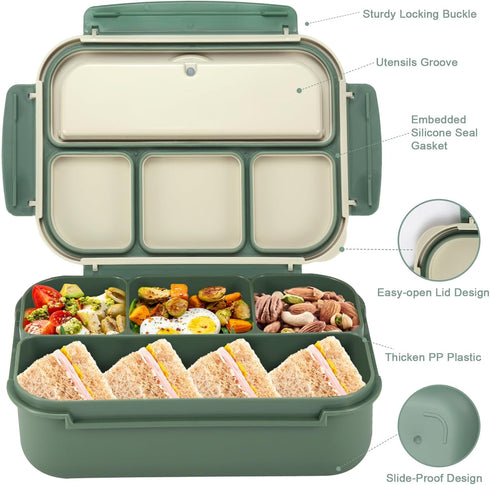 Bento Box Adult Lunch Box, Lunch Containers for Kids Girls Boys with 4 Compartments, Lunchable Food Container with Utensils, Sauce Jar, Muffin Lin...