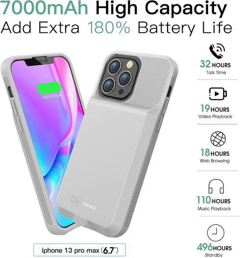 Battery Case for iPhone 13 Pro Max & 12 Pro Max, Real 7000mAh Ultra-Slim Battery Charging Case Rechargeable Anti-Fall Extended Battery for iPhone ...