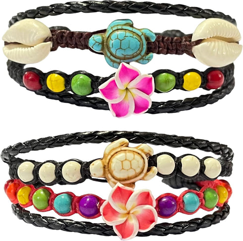 Brown Turtle Hemp Bracelet or Anklet - Frangipani Flowers Hawaiian Style Bracelet - Adjustable Cord...