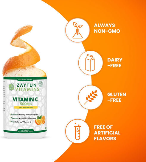 Halal Vitamin C 500mg Tablets with Rose Hips Supports Immune System, Natural Antioxidant with Citrus Bioflavonoids - Vegan - Gluten-Free - 2 Month...