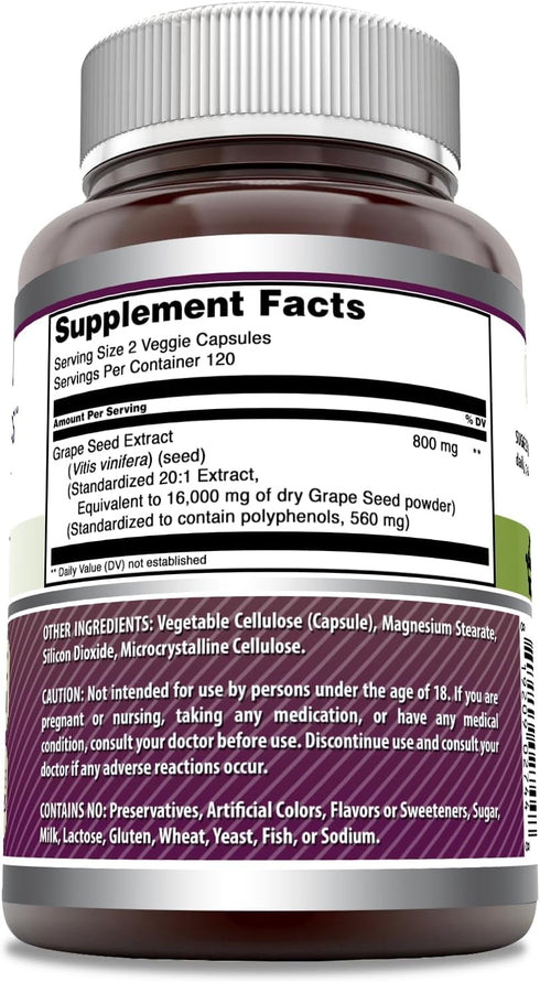 Amazing Formulas Grape Seed 800 Mg Extract (20:1) | 16000 Mg Equivalent | Veggie Capsules | Non-GMO | Gluten-Free | Made in USA (240 Count)...