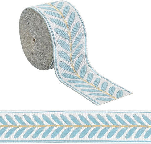 OLYCRAFT 10.9 Yards Jacquard Ribbon Trim 2.4 Inch Leaf Pattern Jacquard Polyester Ribbons Blue Leaf Jacquard Woven Embroidery Trim for DIY Sewing ...