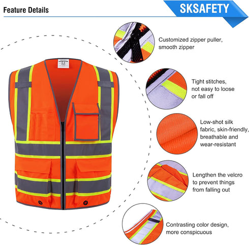 SKSAFETY 10 Pockets Safety Vest, Class 2 High Visibility Security with Zipper, Hi Vis Vest with Reflective Strips, ANSI/ISEA Standard, Constructio...