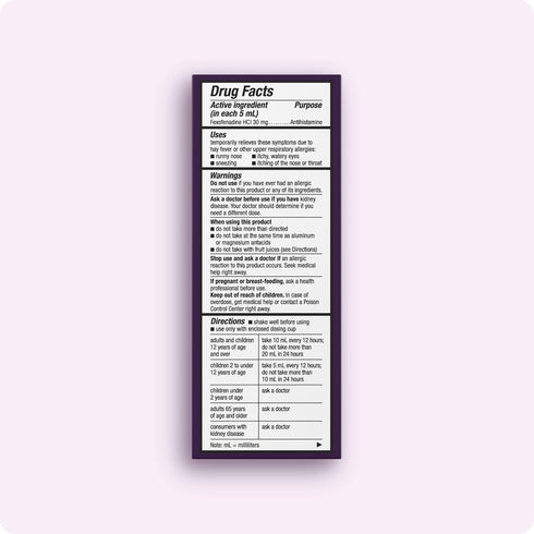 Allegra Children's 12-Hour Allergy Relief Liquid, Non-Drowsy Indoor and Outdoor Allergy Medicine, 30 mg Fexofenadine HCI Antihistamine for Kids, B...