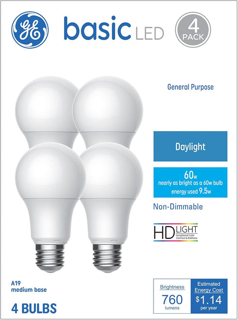 GE Basic LED Light Bulbs, 60 Watt, Daylight, A19 (4 Pack)...