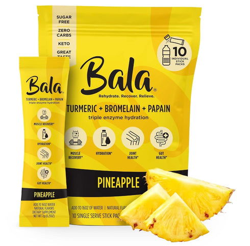 Bala Enzyme Hydration & Sugar-Free Drink Mix - Turmeric, Bromelain, Papain, Immunity, Mobility - Pineapple 0.25oz (10 Count)...