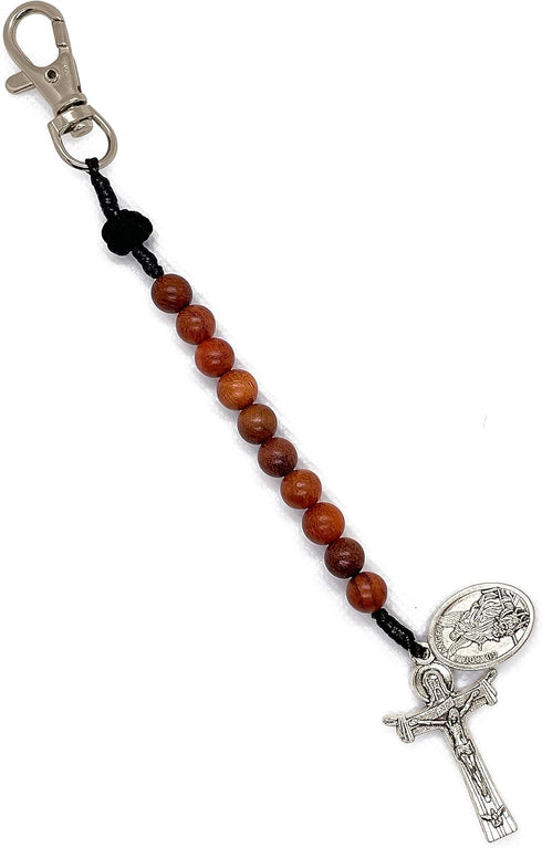 Catholic Prayer Pocket Rosary Holy Trinity Crucifix Saint Michael the Archangel Medal Corded Rosary Keychain Wooden Beads Tenner Open Style One De...