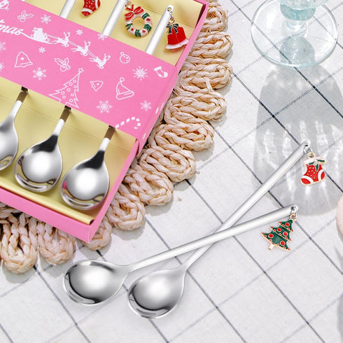 Dessert Spoons Silverware Christmas Silver Small Stainless Steel Flatware 6 Pieces Xmas Decorative Pendants Stirring Utensils for Coffee Tea Drink...