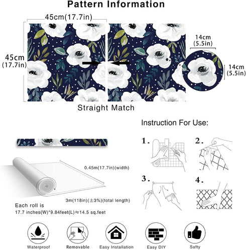 HAOKHOME 93245-3 Peel and Stick Floral Wallpaper Home Decor Removable Navy/White/Blue Vinyl Self Adhesive Mural 17.7in x 9.8ft...
