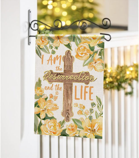 Spring Summer I Am The Resurrection and The Life Decorative Garden Flag, Easter Religious Cross Yellow Flower Yard Outside Decorations, Christian ...