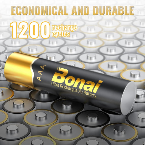 BONAI Gold Top Rechargeable AAA Batteries 12 Count, Upgrade High Capacity 1100mAh NiMH Batteries Low Self-Discharge...