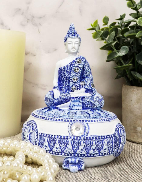 Ebros Gift Bhumisparsha Mudra Buddha Amitabha Meditating Terracotta Blue And White Round Jewelry Box Figurine 5.25"Diameter Buddhist Eastern Enlig...