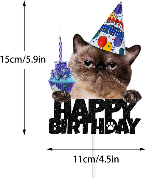 Cat Happy Birthday Cake Topper - Pet themed Party Black Glitter Decoration Supplies...