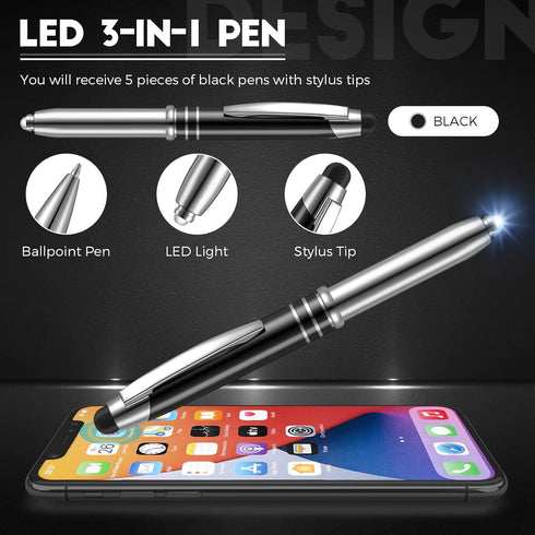 5 Pieces Stylus Pen for Touchscreen Devices Multi-Function Capacitive Pen with LED Flashlight Writing Pens with Ballpoint 3 in 1 Metallic Pens Inv...