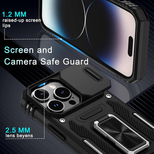 DEERLAMN for iPhone 14 Pro Case with Slide Camera Cover+Screen Protector(1 Pack),Rotated Ring Kickstand Military Grade Shockproof Protective Cover...