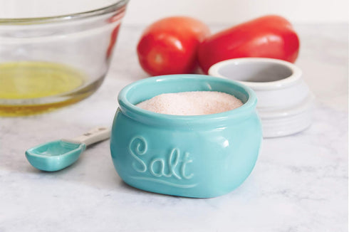 Fox Run Vintage Style Mason Jar Salt Cellar, Blue Ceramic with White Lid, 1 Cup Capacity...