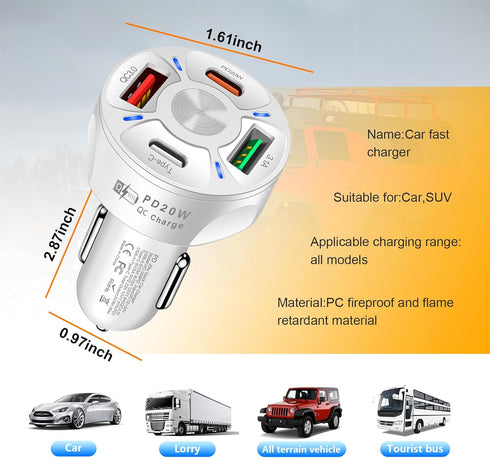 4 Ports Car Fast Charging Charger Cigarette Lighter Adapter, Super Fast Auto Charging Cigarette Lighter Plug with QC 3.0, PD 20W, Type C, 3.1 A, V...