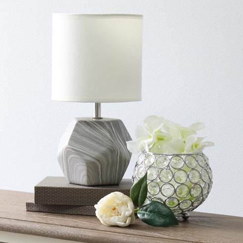 Simple Designs LT2065-MBL Round Prism Mini Table Lamp with White Fabric Shade, Gray Marble...