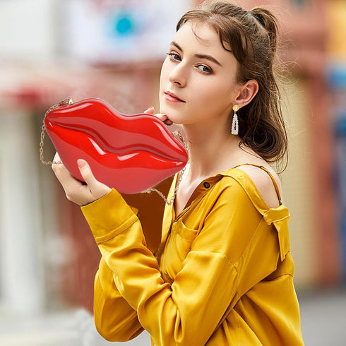 QZUnique Lips Evening Clutch Purse, Acrylic Banquet Handbags, Chain Gold/Silver/Bronze Women Fashion Crossbody Shoulder Bag...