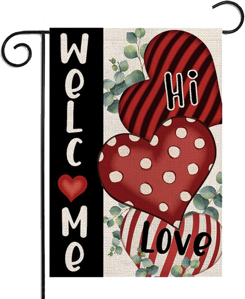 Love Heart Welcome Garden Flag, 12 X 18 Double-Sided Valentine's Day Anniversary Wedding Yards Decor, Burlap House Banner Outdoor Decoration...