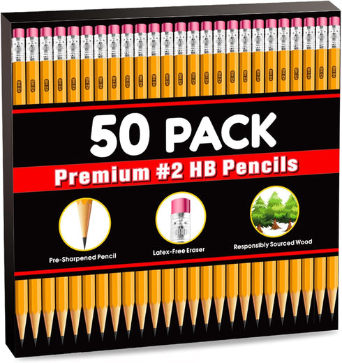 50 Pack #2 Pencils Bulk Pre-sharpened Pencils with Eraser top, 2 HB Pencils for Writhing Drawing, Yellow Wood-Cased Pencils in Bulk for Office, Sc...