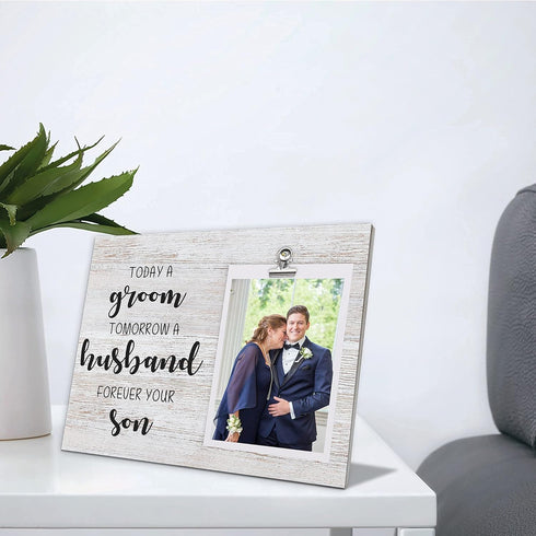 Mother of the Groom Gifts, Wood Picture Frame Holds 4 X 6 Photo, Father of The Groom Gift, Wedding Gift for Parents from Groom, Today a Groom, Tom...