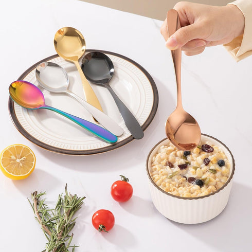 5-Piece Round Soup Spoons Set | Stainless Steel | Muticolor Dinner Serving Spoons Titanium Spoon - Mirror Polish & Dishwasher Safe...