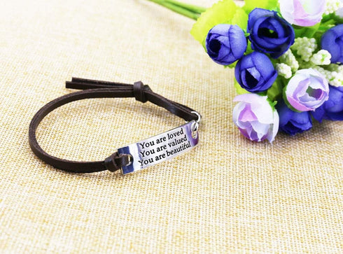 Confidence Bracelet Inspirational Gifts For Women Saying stamped "You are loved You are valued You are beautiful" Adjustable leather inspirational...