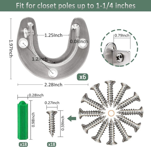 Cosweet 6 Packs Stainless Steel Closet Pole Sockets- Closet Rod End Supports, Flange Set Rod Holder with Screws for Easy Installation&Quick Remova...