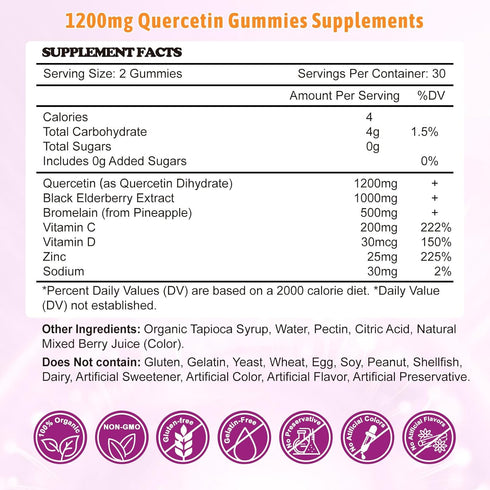 Quercetin Gummies, Organic Quercetin with Vitamin C and Zinc, Bromelain, Elderberry & Vitamin D - Immune Support - 60 Vegan Gummies Chewable...
