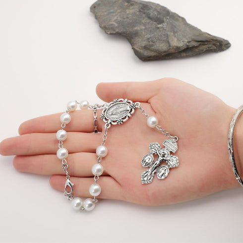 White Pearl Rosary for Car,Pardon Crucifix One Decade Rosary,Medalla Milagrosa Small Car Rosary for Rearview Mirror,Pocket Rosary Crucifijo Cruz D...