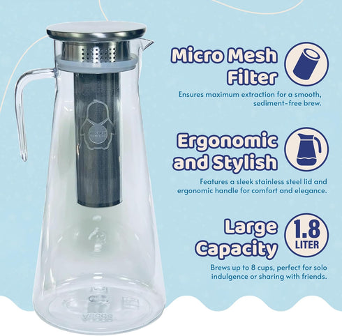 Coffee & Tea Maker - 2 Quart Premium Cold Brew Pitcher - Stainless Steel Infuser with Double Wall Micro Mesh Inner Core - Ultimate Iced Coffee & T...
