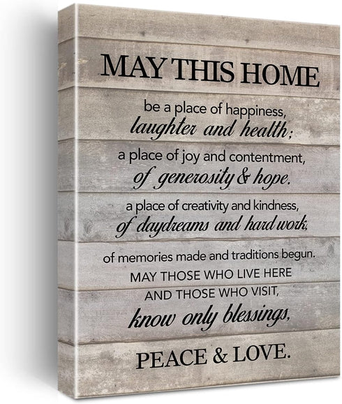 New Home Wall Art May This Home Be a Place of Happiness Canvas Print Inspirational Quote Framed Painting for Home Wall & Tabletop Decor Housewarmi...