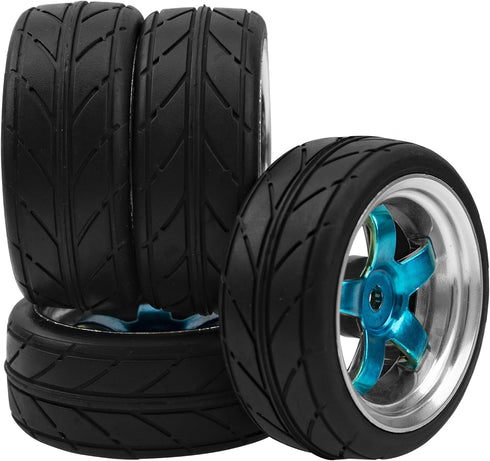 2.59in Rubber Tires & 12mm Hex Plastic Wheel Rims Set Compatible with Traxxas Kyosho HPI Tamiya Associated 1/10 RC On-Road Touring Car (Blue)...