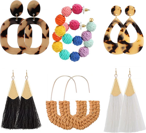 6 Pairs Rattan Earrings for Women Bohemian Statement Earrings Hoop Drop Earring for Women...