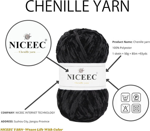 NICEEC 3 Skeins Soft Chenille Yarn Blanket Yarn for Knitting Fancy Yarn for Crochet Weaving DIY Craft Total Length 3×85m (3×93yds, 3×50g)_Black...
